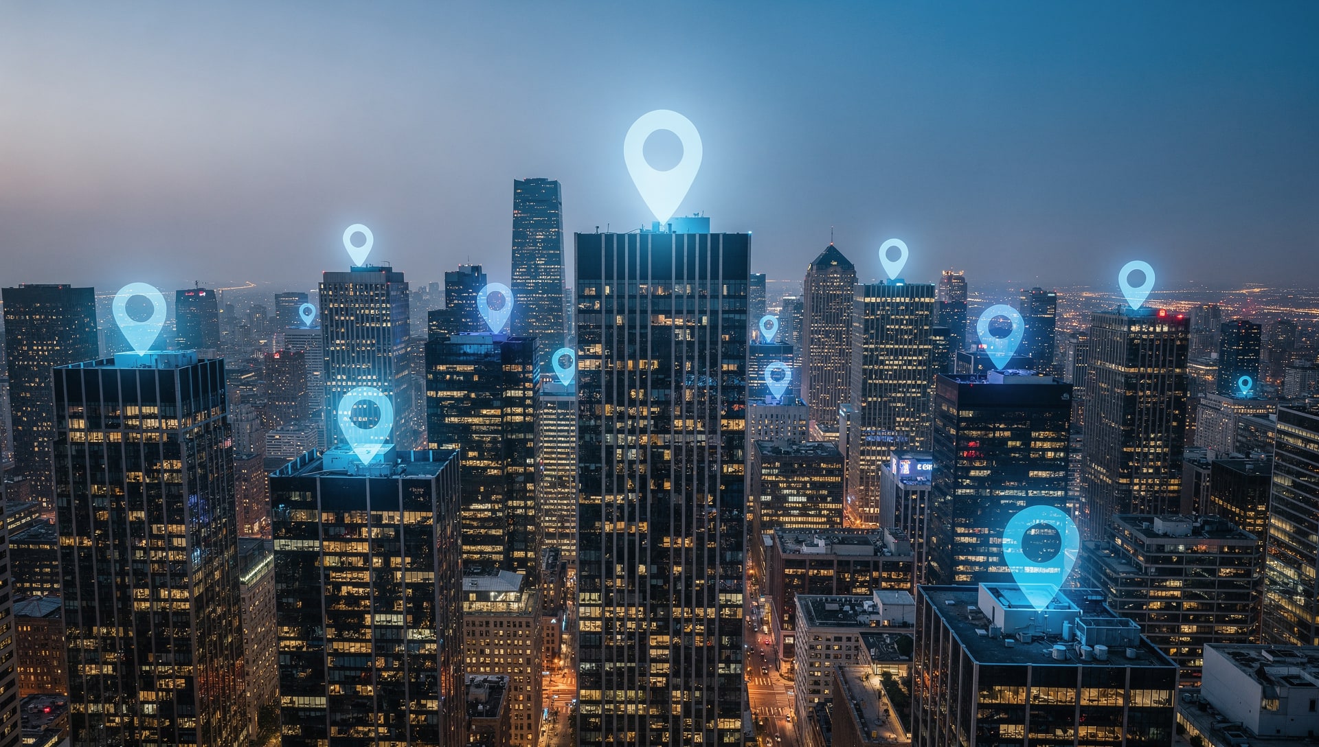 City skyline at dusk with glowing map pins rising above the buildings